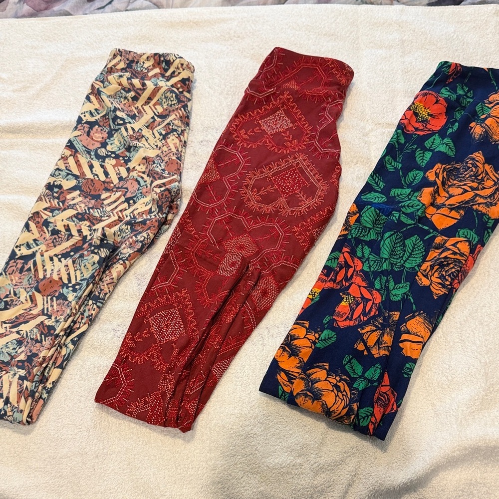 NWOT LuLaRoe Kids Leggings Trio - Navy Floral, Red Geo, Cream Pattern